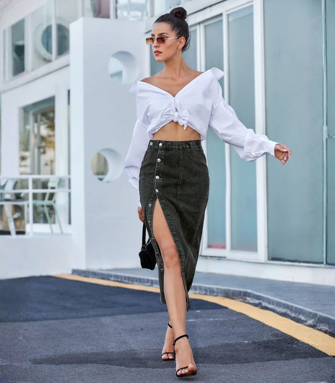 Denim Longuette - Gonna con Spacco e Bottoni Frontali