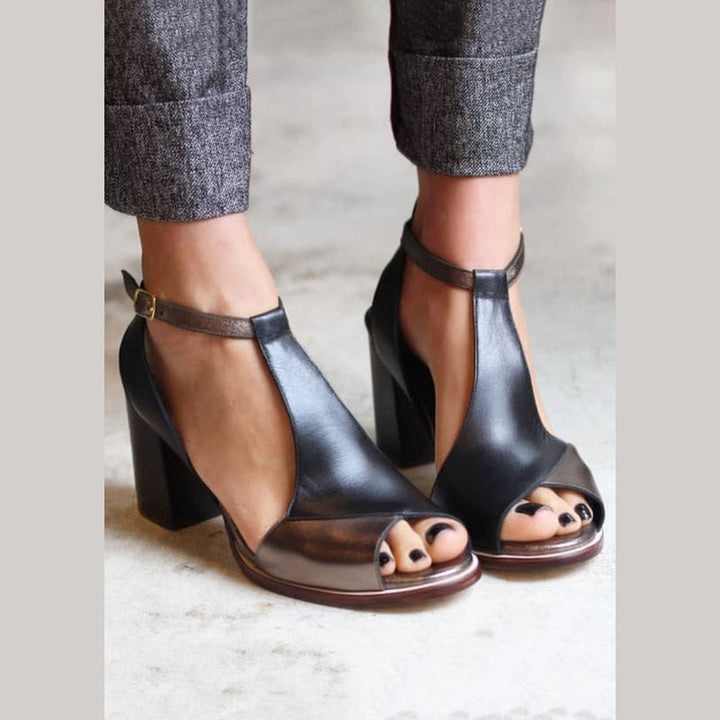 Anyao™ Eleganti Sandali con Tacco e Punta Aperta in Patchwork Nero – Perfetti per Ogni Occasione